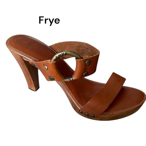 Frye Sophia Ring Slip On Wooden High Heel Leather Sandals Brown US 8 M - Picture 1 of 14